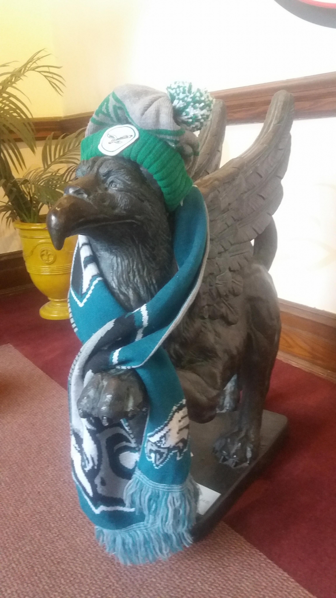 Even our little Griffin statue went 'green' for the week!