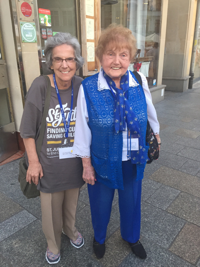 Marie Conn, Ph.D., poses with Eva Kor on their recent visit to Auschwitz.