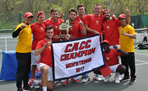 The men's tennis team poses with the CACC Championship trophy.