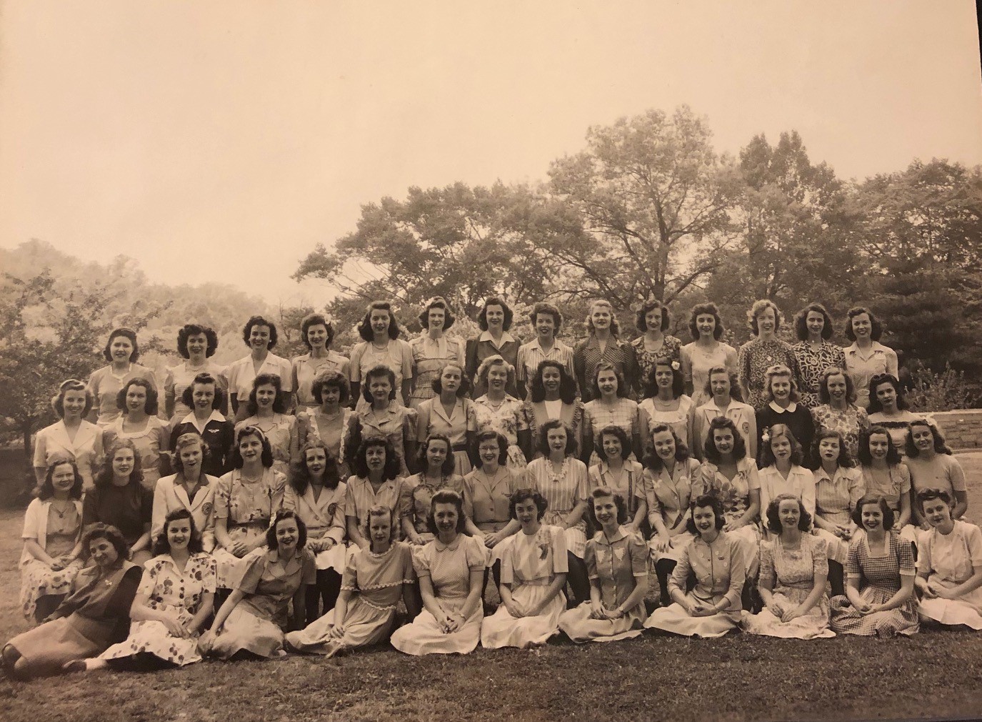 The Class of 1944, pictured as freshmen, with Shirley (top row, second from left) and Mary Agnes (second row, sixth from right). Photos courtesy of Lois Perch Villemaire.