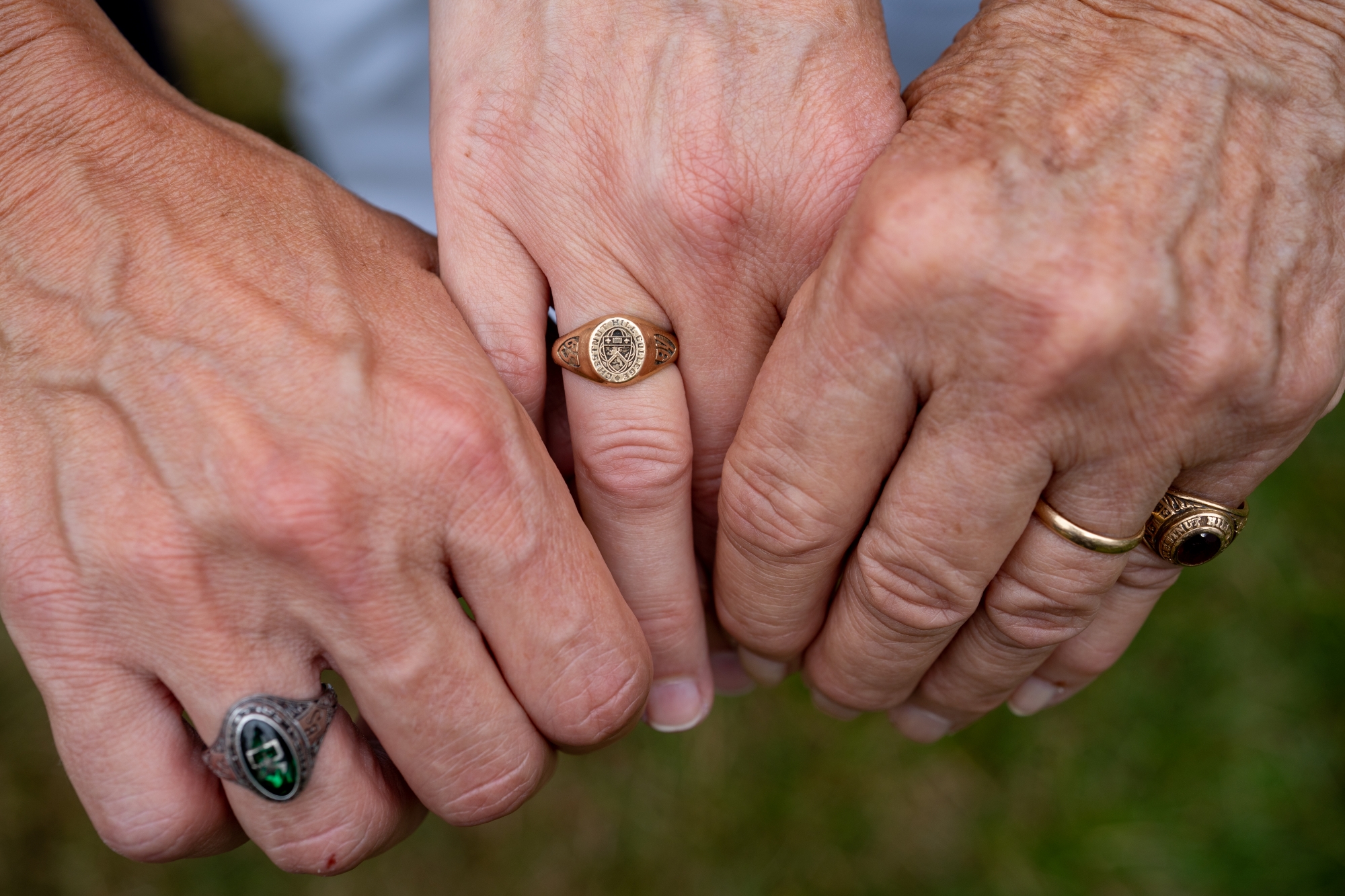 Three variations of Chestnut Hill College rings were on display as Jodie, Joan, and Julie gathered to reminiscence on campus.