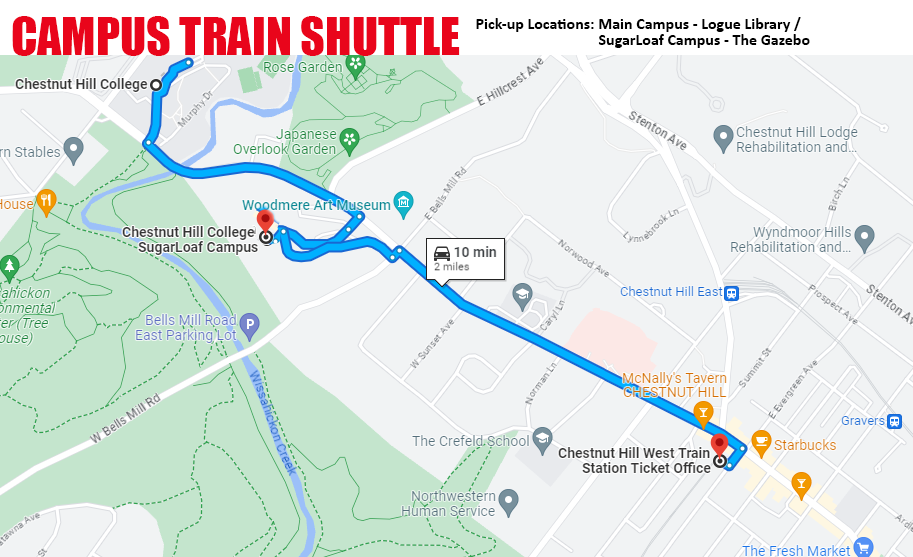 Map of the Chestnut Hill College Campus Train Shuttle Route