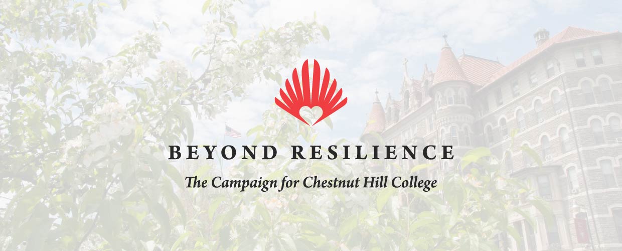Chestnut Hill College with red heart campaign logo