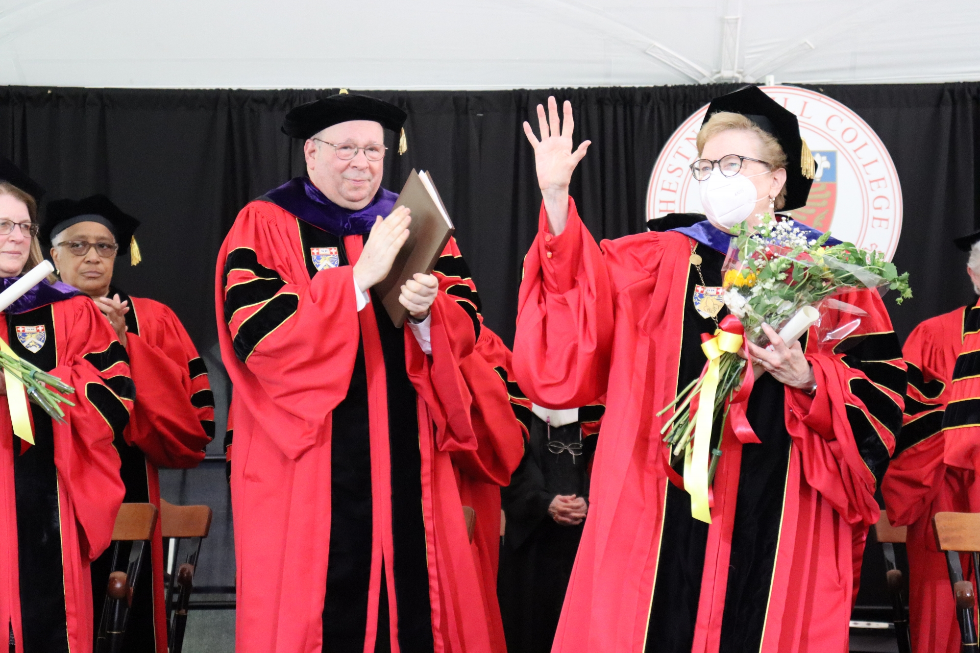 Taking one final bow, Sister Carol Jean Vale, SSJ, Ph.D., celebrated her last Commencement as President of Chestnut Hill College.