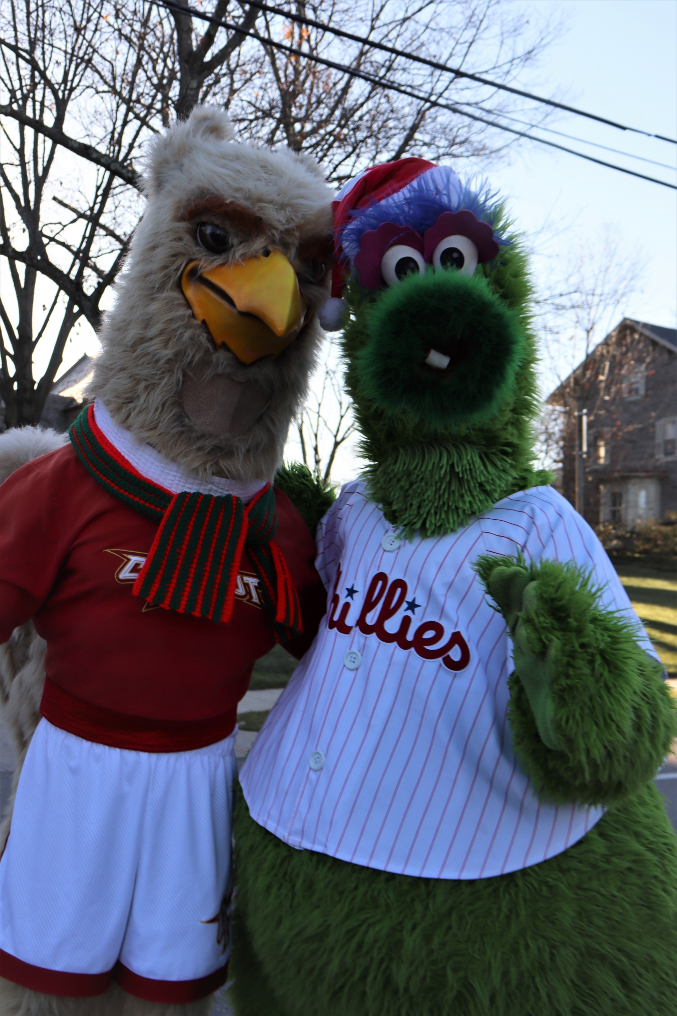 Big Griff poses with the Phillie Phanatic before the Chestnut Hill Holiday Parade in December.