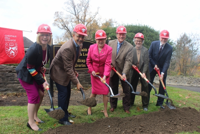 From L to R: CHC Chair of the Board of Directors, Cathy Lockyer Moulton ’92, State Rep. Chris Rabb, CHC President, Carol Jean Vale, SSJ, Ph.D., board member Ron Zemnick, Sisters of Saint Joseph Congregation President, Sister Maureen Erdlen, and board member Mike Fitzpatrick, officially started the groundbreaking process.  