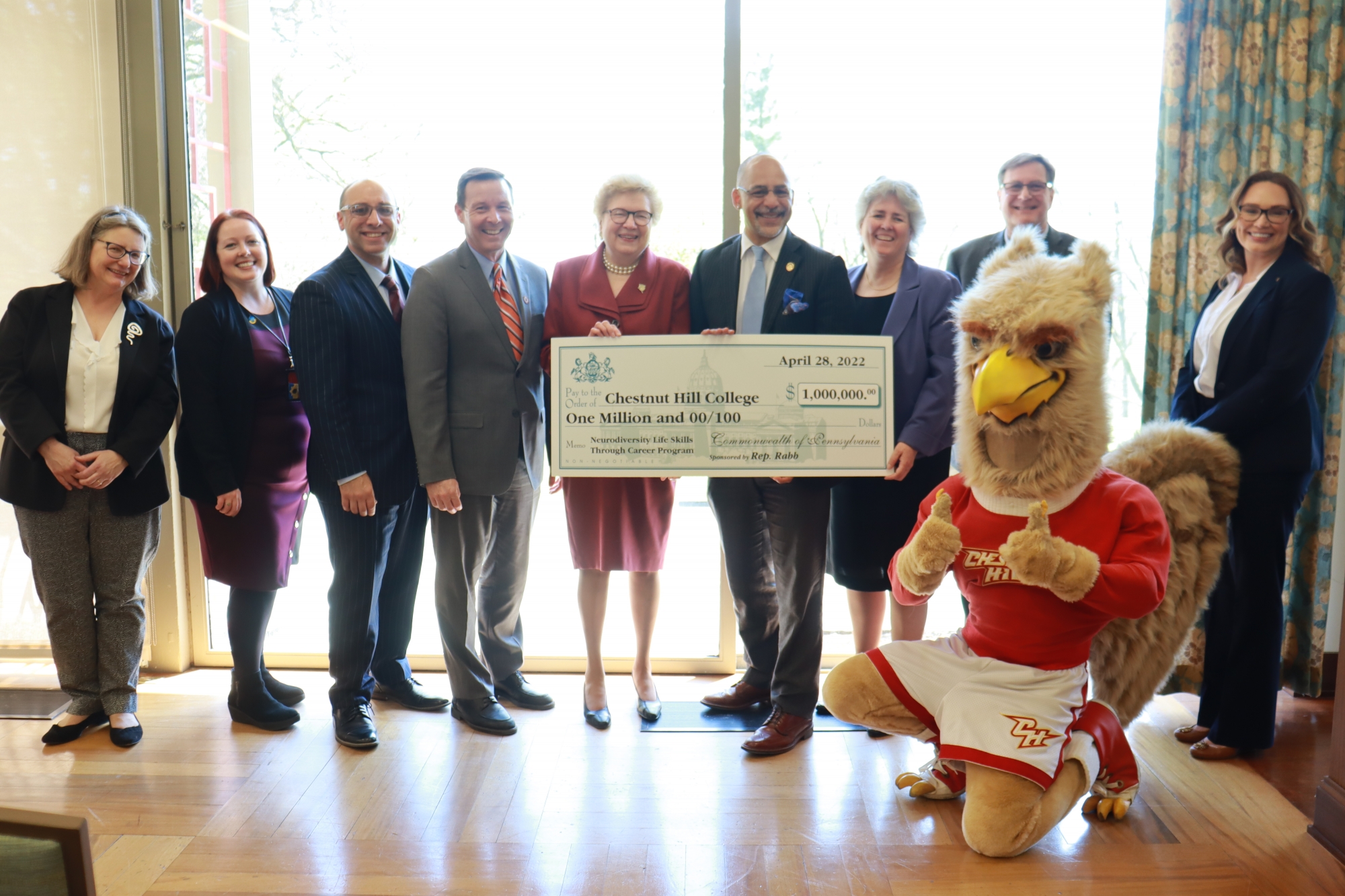 Members of the Neurodiversity Team joined College mascot Big Griff, Sister Carol, and Rep Rabb to celebrate the grant and the opportunities it will provide at an event on April 28th at SugarLoaf.