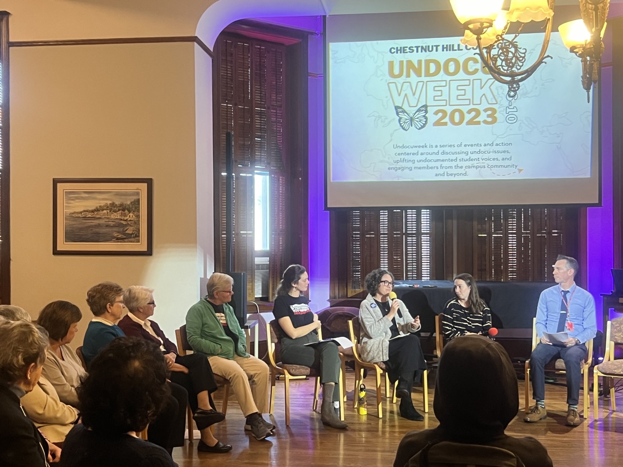 On Wednesday night, a panel of SSJs and staff from the Welcome Center gave a panel discussion on immigration reform, pictured here in the East Parlor. 