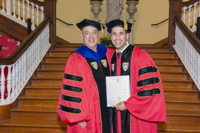 From L to R: President William W. Latimer, Ph.D., M.P.H., and State Representative Tarik Khan pose for a photo at the Presidential Inauguration.