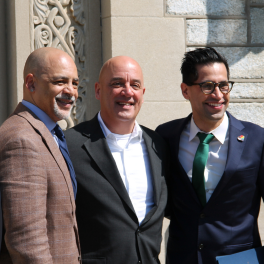 From L to R: Rep. Chris Rabb, William Latimer, and Rep. Tarik Khan pose for a photo outside of Chestnut Hill College.