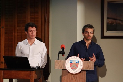 Pedro Vicente (L) and Juan Molina (R) present their winning project at last year's Griffin Tank.