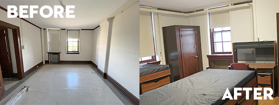 Before and After images of the newly renovated Fournier Hall dorms.
