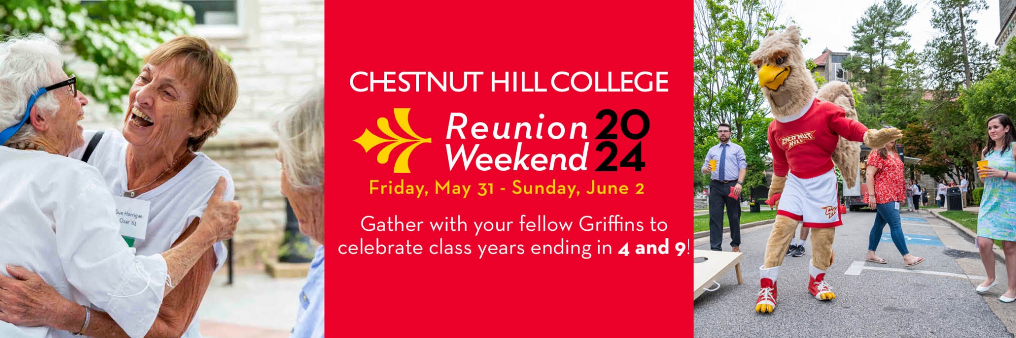banner image with text and photos of people celebrating reunion