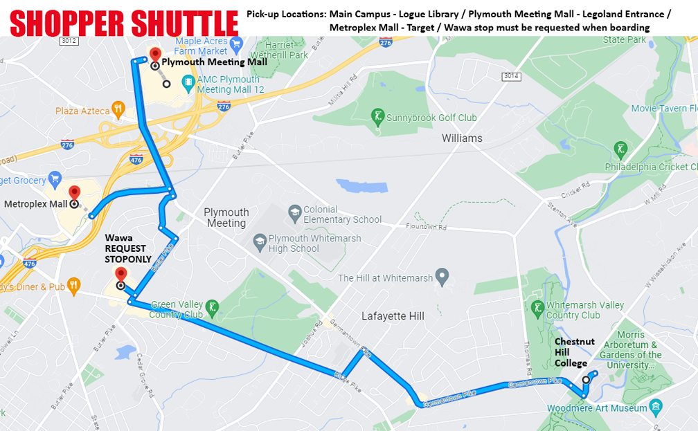 Map of the Chestnut Hill College Shopper Shuttle Route