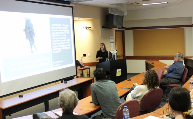 Alix Contosta, Ph.D., speaking at Chestnut Hill College on Feb. 17. (Photo by Marilee Gallagher)
