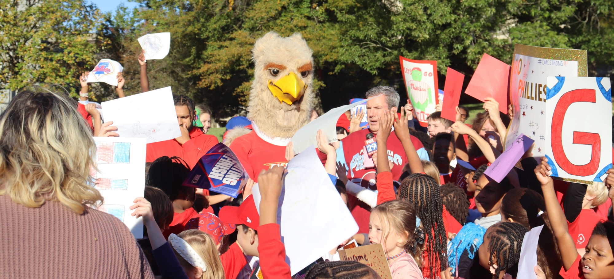 Big Griff joined OMC students and Fox 29's Bob Kelly for a Phillies postseason pep rally. 