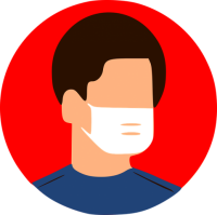 Graphic of man wearing facemask against red background