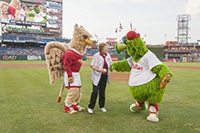 Sister Carol with Phillies Fanatic and Griffin mascot