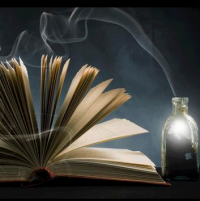 Book with potion bottle, magical light is coming out of the bottle and turning the book pages