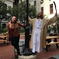 Erin with man dressed as Jesus