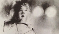 Unsettling charcoal drawing of woman in car with scared expression