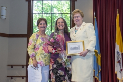 From L to R: Margo Mongil-Kwoka, alumni association board president, Ritamarie Moscola, M.D., M.P.H. '78, and Sister Carol Jean Vale, Ph.D, president of the College