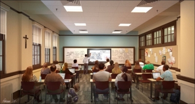 Rendering of new classroom design showing students in class