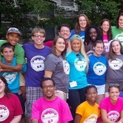 Student leaders with multi-colored t-shirts