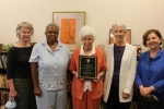 From L to R: Professors Christine Fylypovich, Thomasina White, Sister Mary Helen Kashba, Sister Jean Faustman, and Carmen Villegas Rogers pose with the PSMLA Merit Award in acknowledgement of their great commitment to the study of world languages.