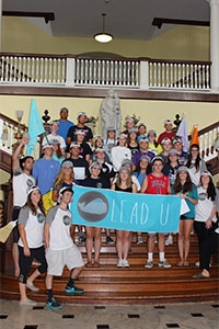 Students from the Lead U program, one of the many summer camps hosted by CHC each year, pose in front of the Rotunda stairs at the conclusion of their event