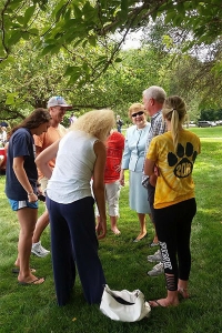 Sister Carol enjoys a laugh with new students and their families at the annual orientation BBQ.
