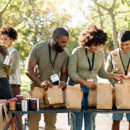 Happy people, volunteer and packing with bags for charity, food and community service at outdoor park. Group or team working together in NGO with resources, supplies or mission for future in need