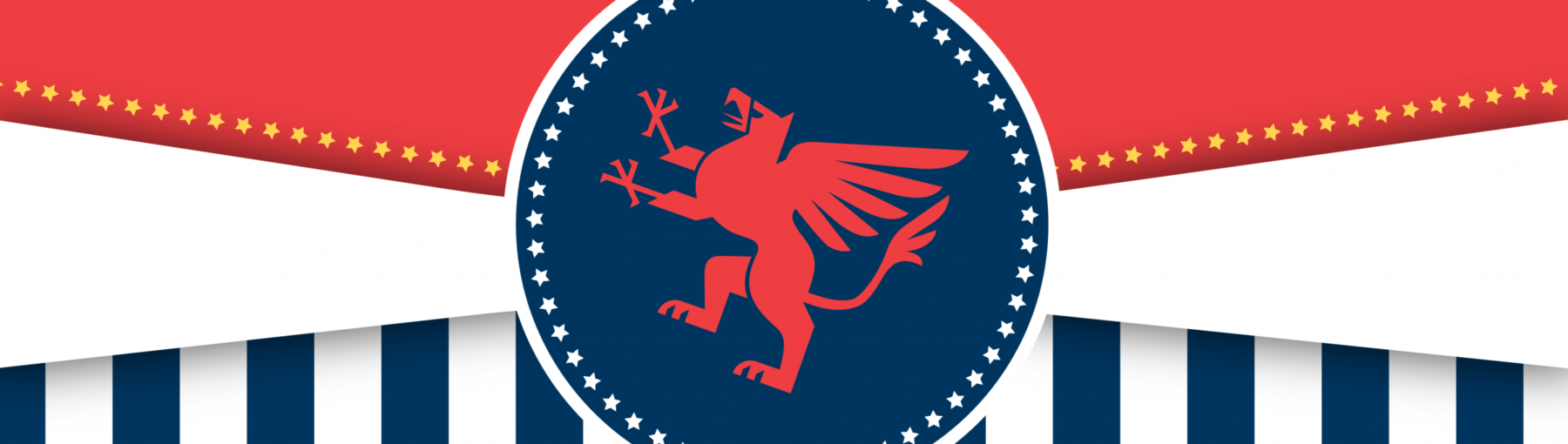red, white, and blue decorative banner with CHC Griffin logo in red in a circle in the middle