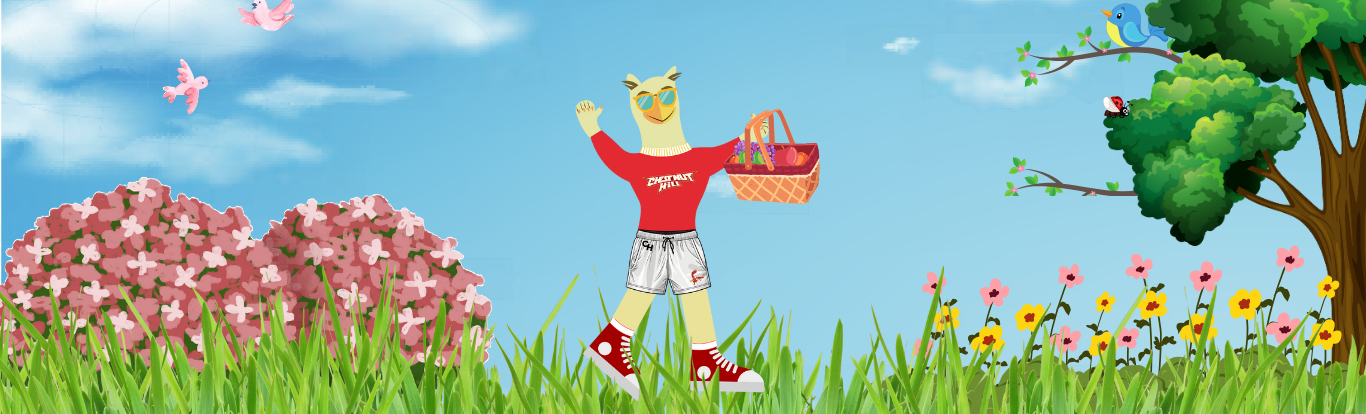 cartoon illustration of mascot in a park during summer