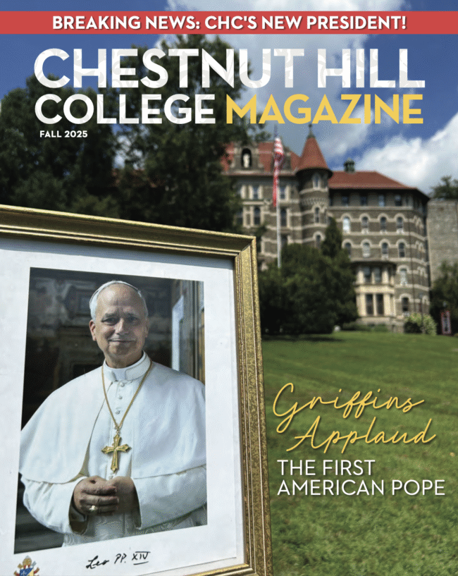 cover of the Chestnut Hill College Fall 2025 Magazine featuring a portrait of Pope Leo in front of the campus