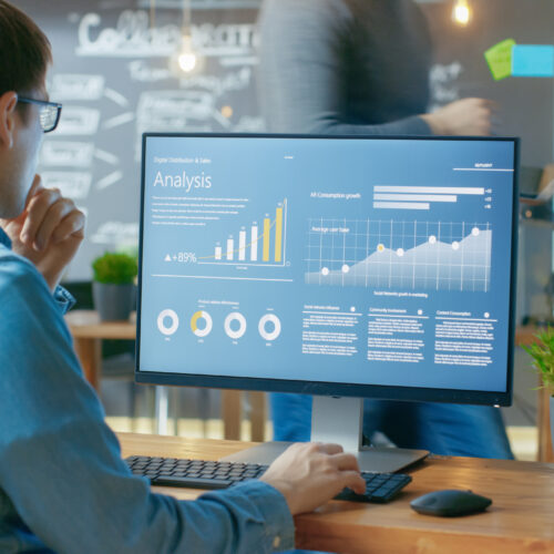 male analyst working on data and statistics in a home office setting