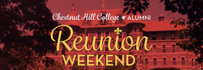 Reunion Weekend banner with picture of campus behind red overlay