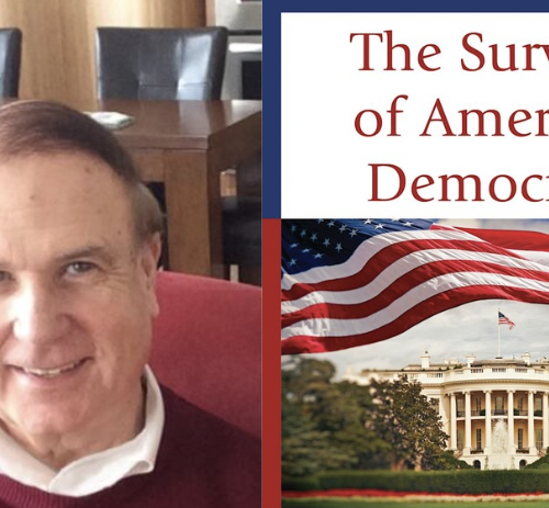 David Contosta next to an image of his book, The Survival of American Democracy