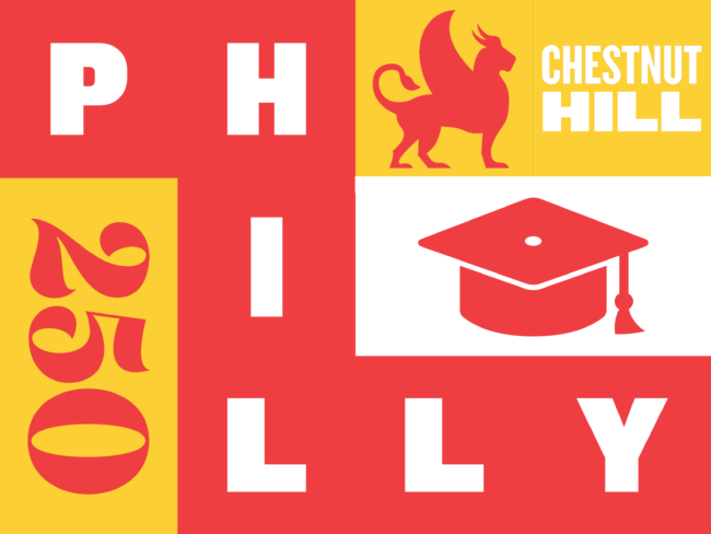 America 250 wordmark badge featuring words Philly 250, Chestnut Hill, and images of a griffin and graduation cap.