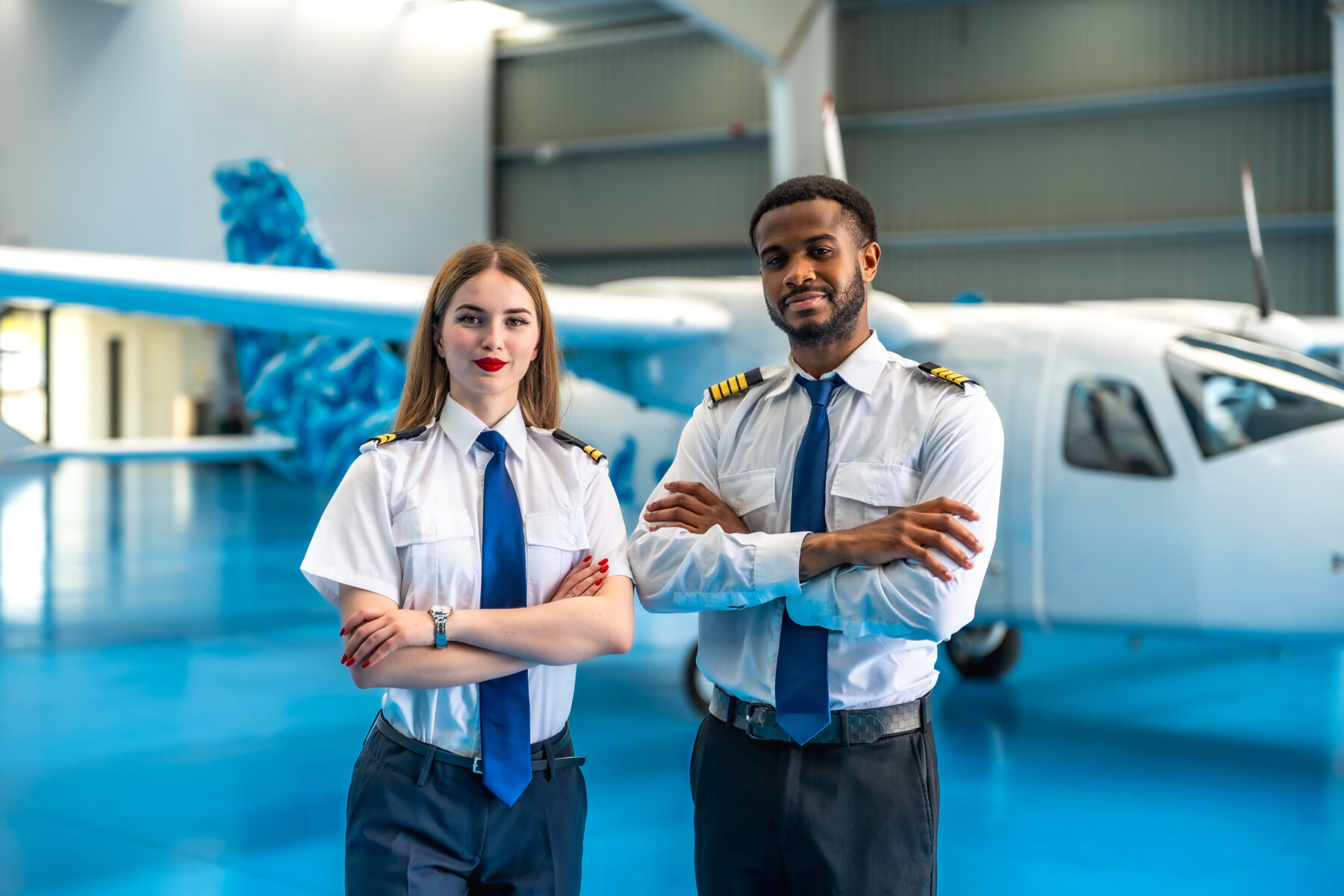 two pilots stand in front of a plane inside an aircraft hangar