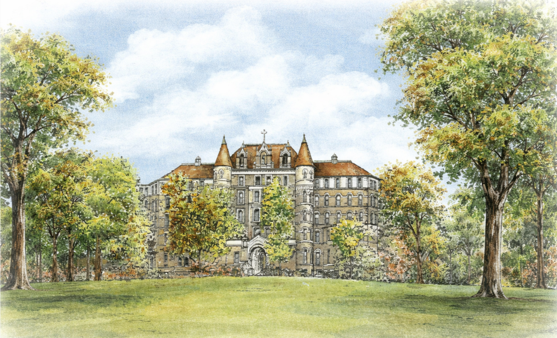 watercolor image of campus building with the words, "inauguration of Brian McCloskey, D.M., MBA, the eighth president of Chestnut Hill College"