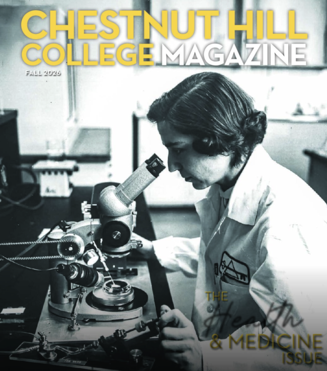 Fall 2026 Magazine cover featuring a black and white image of a female scientist looking into a microscope