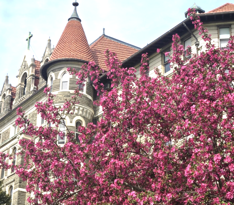 St. Joseph Hall with bright pink flowers around it